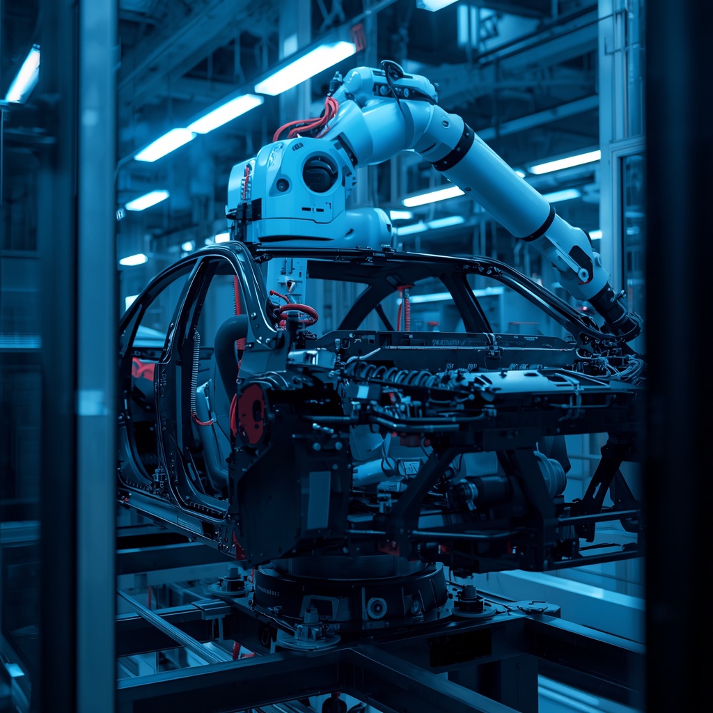 Industrial robotic arm performing precision assembly on automotive chassis in a modern smart factory with blue ambient lighting