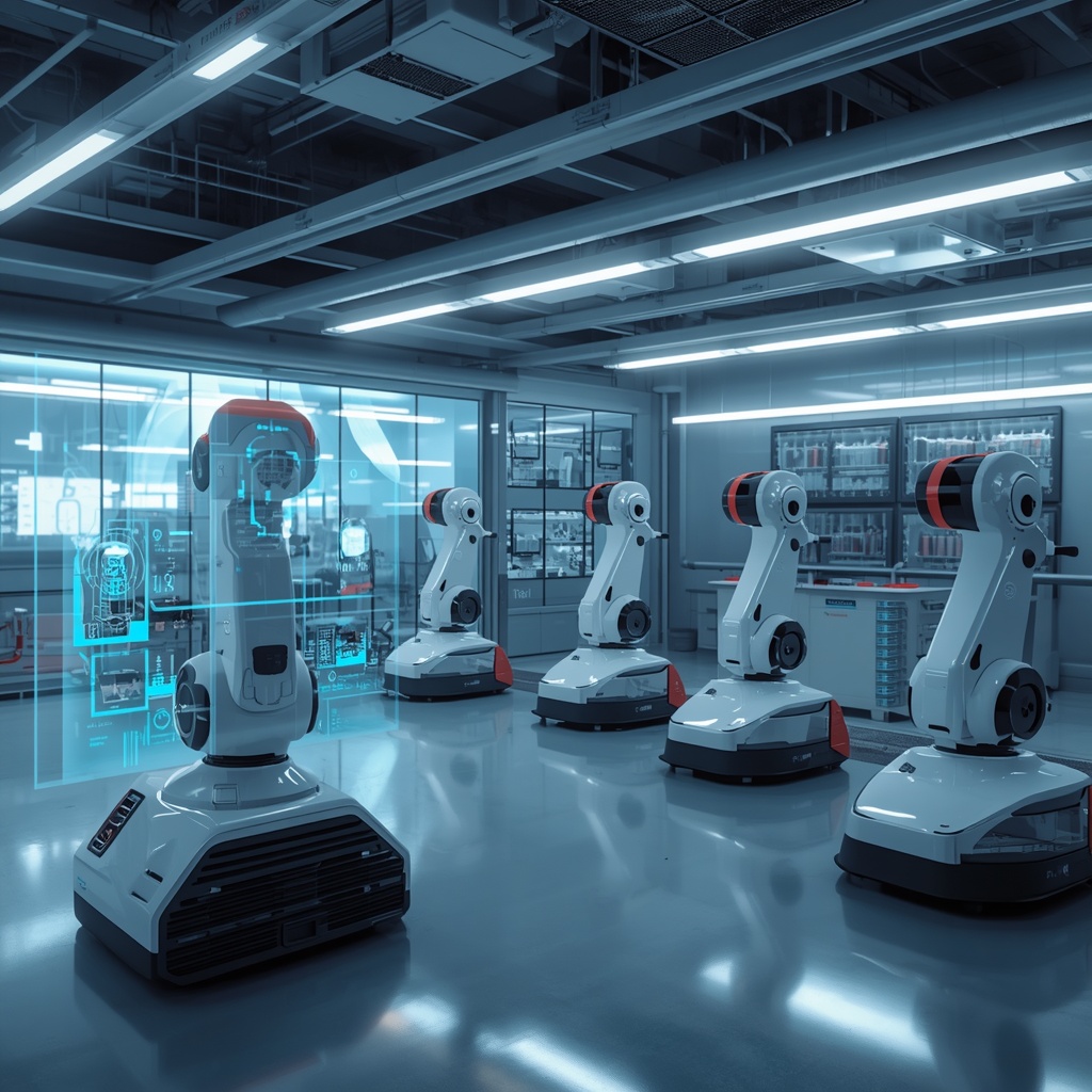 High-tech robotics laboratory with multiple autonomous machines and holographic control interfaces in a modern research facility